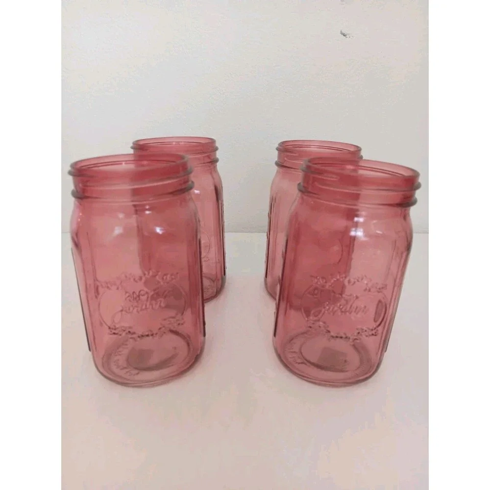 Set of 4 Pink Mason Jar Style Glass Vases Candle Holders Decorative 24 oz